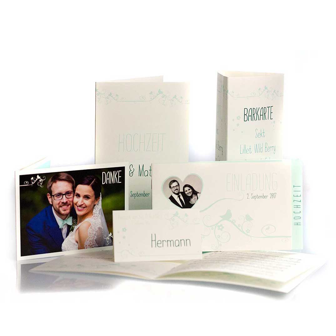 Hochzeitspaket bestehend aus Einladungen, Dankeskarten, Menükarten, Tischkärtchen u.v.m.